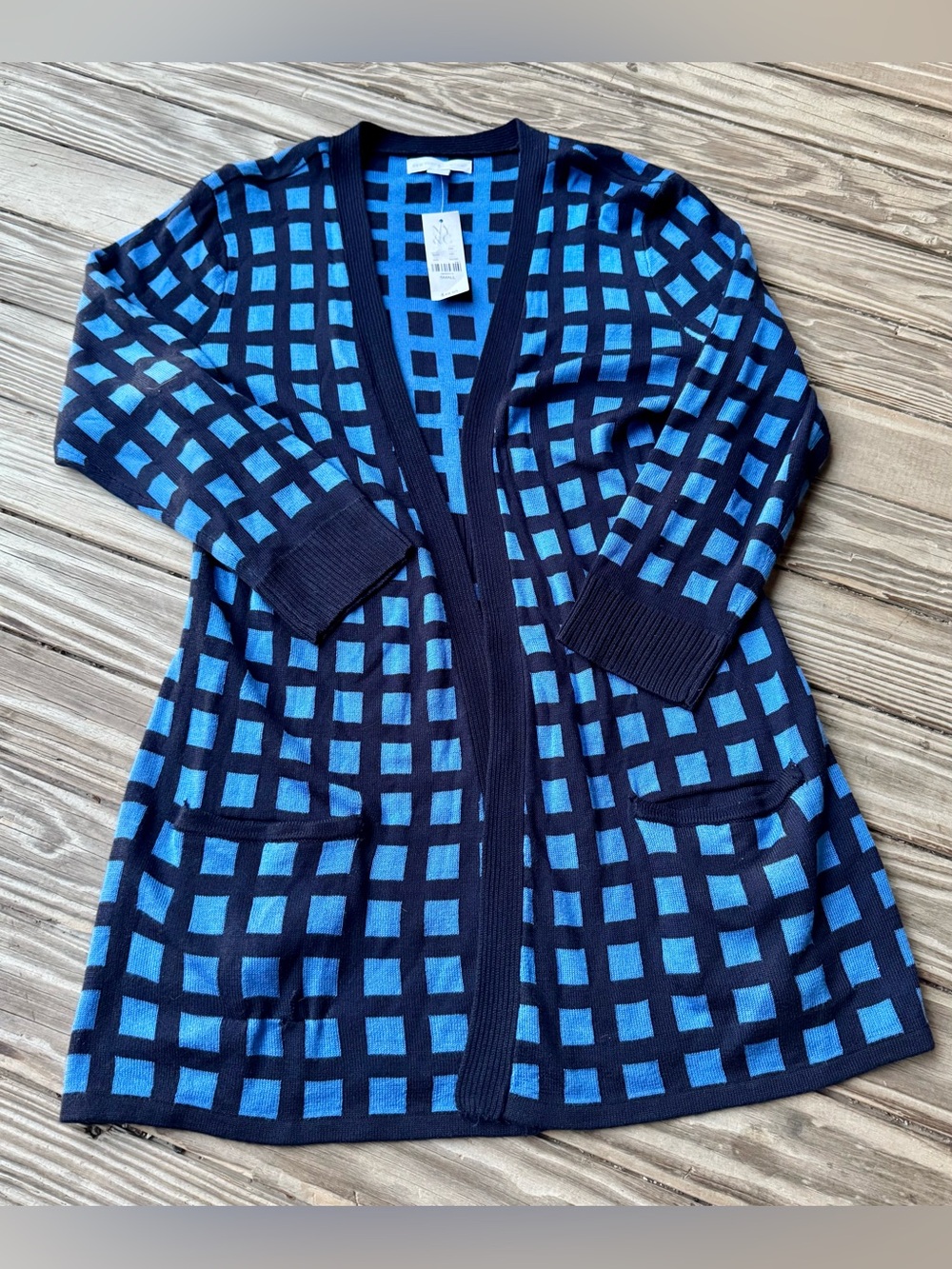 New York & Company Navy and Bright Blue Checked Open Cardigan Size Small